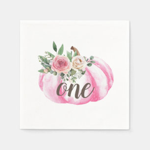 Watercolor Pumpkin Pink Gold Floral 1st Birthday   Napkin