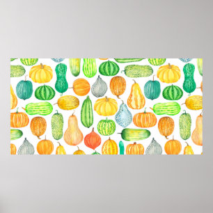 Watercolor pumpkin, squash seamless pattern poster
