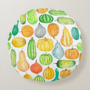 Watercolor pumpkin, squash seamless pattern round cushion