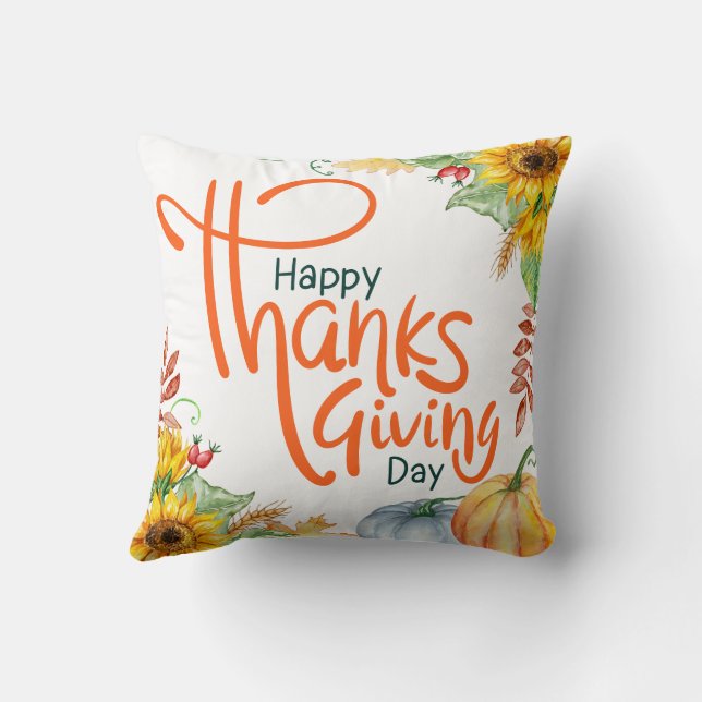 Watercolor Pumpkin Sunflower Happy thanksgiving  Cushion (Back)