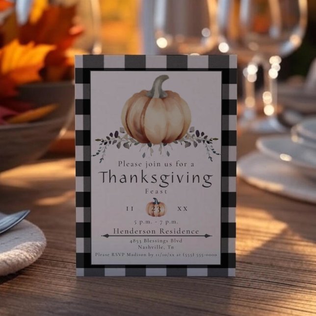 Watercolor Pumpkin Thanksgiving Dinner | Black Invitation (Black Watercolor Pumpkin Thanksgiving Dinner Invitation)