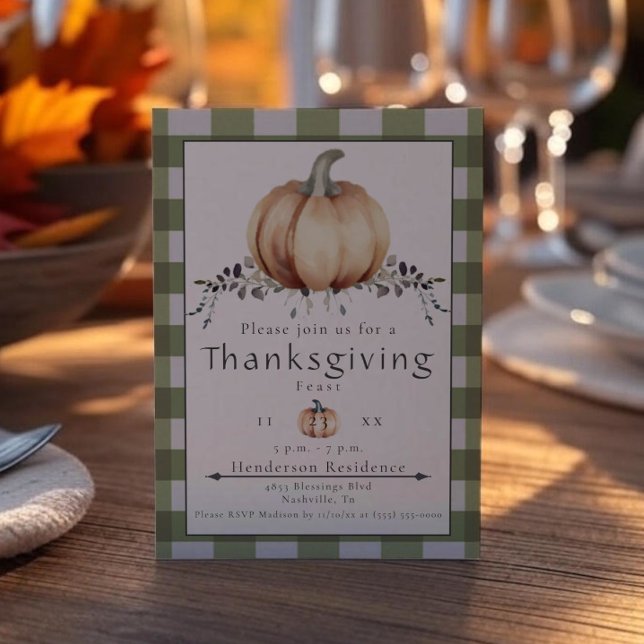 Watercolor Pumpkin Thanksgiving Dinner | Green Invitation (Green Watercolor Pumpkin Thanksgiving Dinner Invitation)