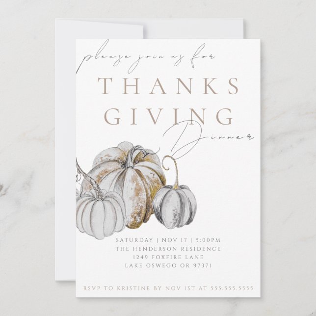 Watercolor Pumpkin Thanksgiving Dinner Invitation (Front)