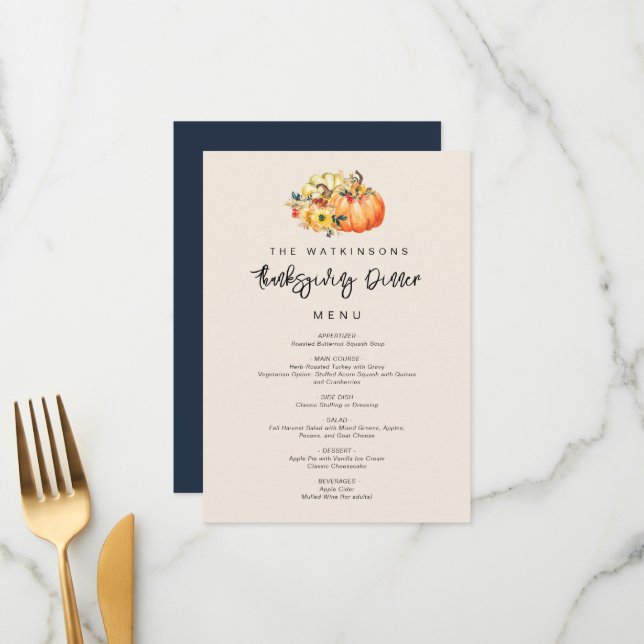 watercolor pumpkin thanksgiving menu (Front/Back In Situ)