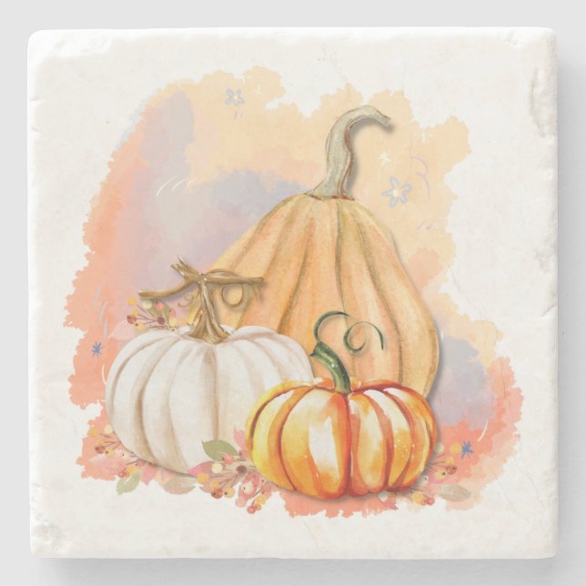 Watercolor Pumpkin Trio Stone Coaster (Front)