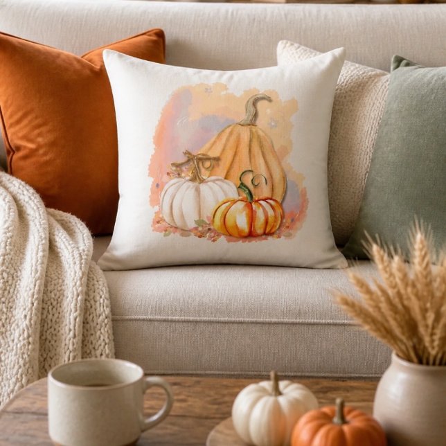 Watercolor Pumpkin Trio Throw Pillow (Creator Uploaded)
