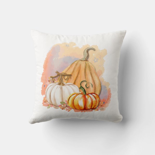 Watercolor Pumpkin Trio Throw Pillow (Back)