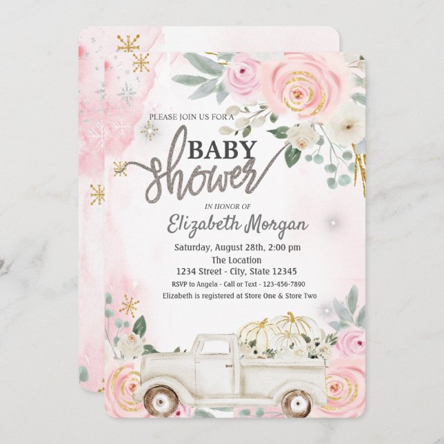 Watercolor Pumpkin Truck,Flowers Baby Showe Invitation (Front/Back)