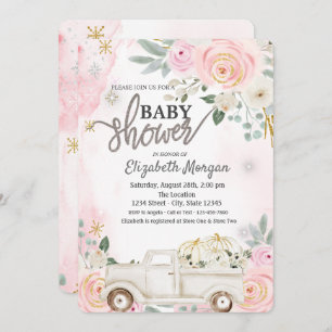 Watercolor Pumpkin Truck,Flowers Baby Showe Invitation
