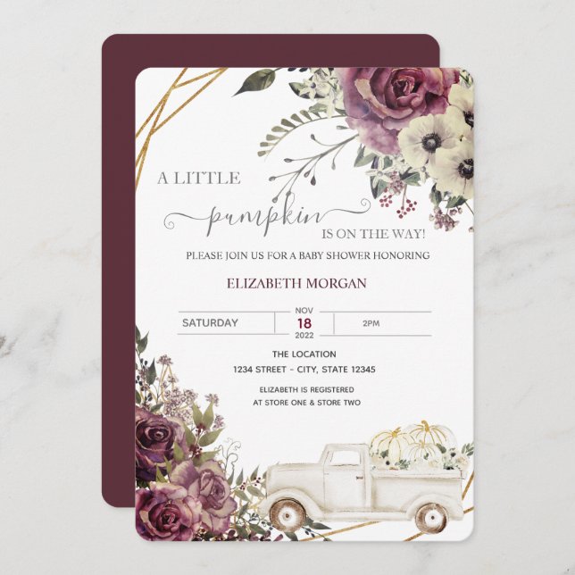 Watercolor Pumpkin Truck Flowers Baby Shower Invitation (Front/Back)