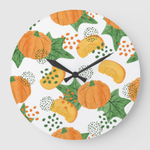 Watercolor Pumpkin Vegetable: Orange Seamless Large Clock