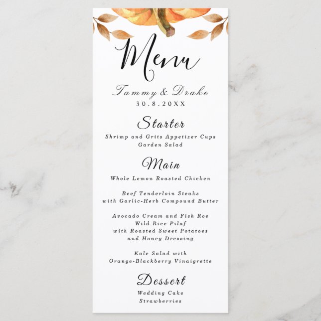 Watercolor Pumpkin Wedding Menu (Front)