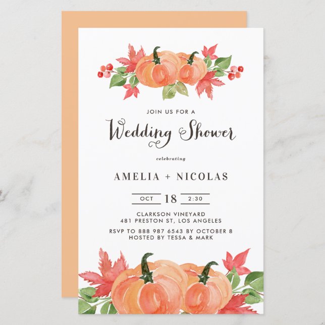 Watercolor Pumpkin Wedding Shower Invitatation (Front/Back)
