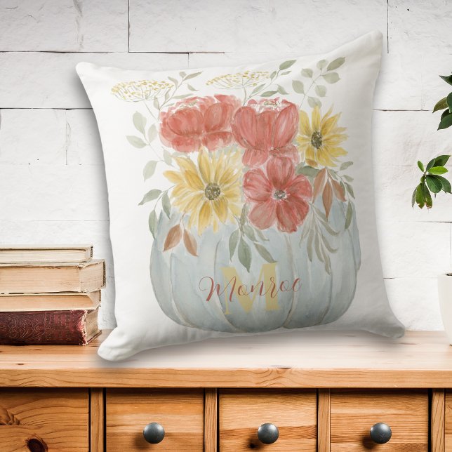Watercolor Pumpkin with Fall Foliage Bouquet Cushion (Creator Uploaded)
