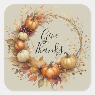 Watercolor Pumpkin Wreath Thanksgiving Square Sticker