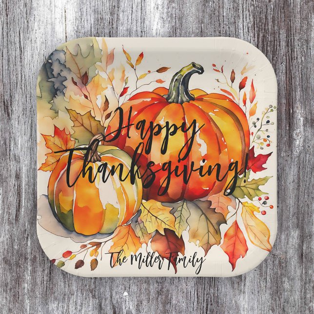 Watercolor Pumpkins and Fall Leaves Thanksgiving Paper Plate (Creator Uploaded)