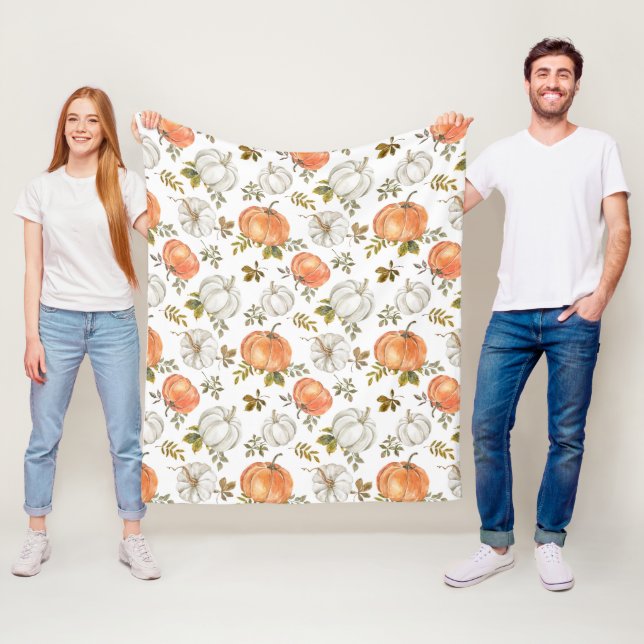 Watercolor Pumpkins and Foliage Autumn Pattern Fleece Blanket (In Situ)