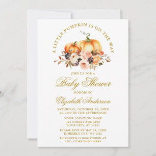 Watercolor Pumpkins Autumn Floral Baby Shower Gold Invitation