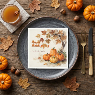 Watercolor Pumpkins Autumn Leaves Thanksgiving Napkin
