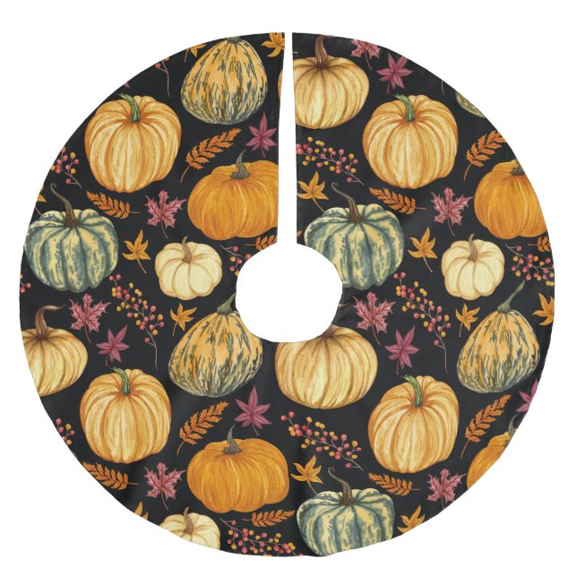 Watercolor Pumpkins: Autumn Seamless Pattern. Brushed Polyester Tree Skirt (Front)