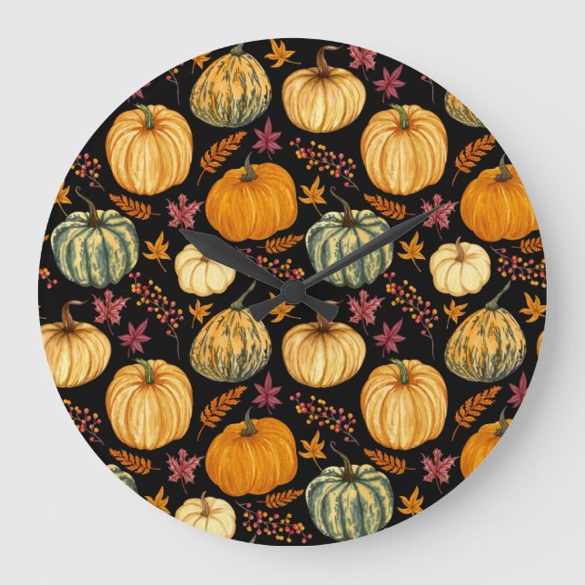Watercolor Pumpkins: Autumn Seamless Pattern. Large Clock (Front)