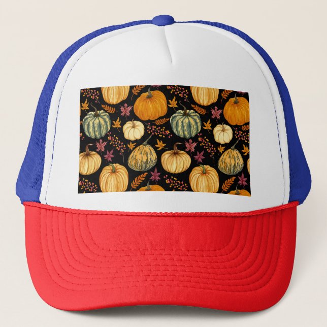 Watercolor Pumpkins: Autumn Seamless Pattern. Trucker Hat (Front)