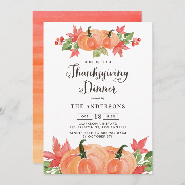 Watercolor Pumpkins Autumn Thanksgiving Dinner Invitation (Front/Back)