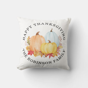 Watercolor Pumpkins Custom Name Happy Thanksgiving Cushion