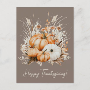 Watercolor Pumpkins Dry Grass Happy Thanksgiving Postcard