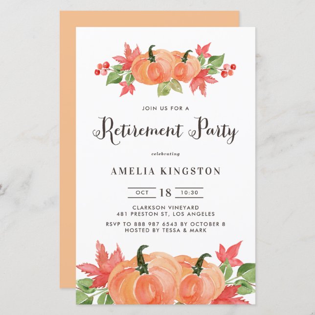 Watercolor Pumpkins Fall Retirement Invitatation (Front/Back)