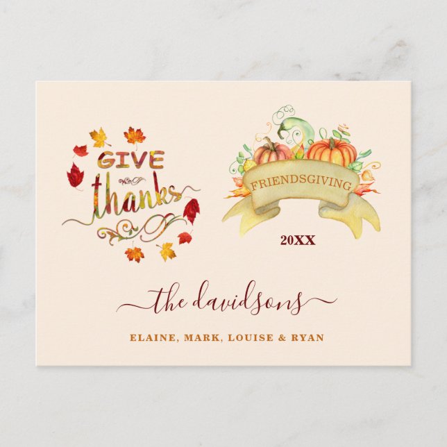 Watercolor Pumpkins Give Thanks Freindsgiving Postcard (Front)