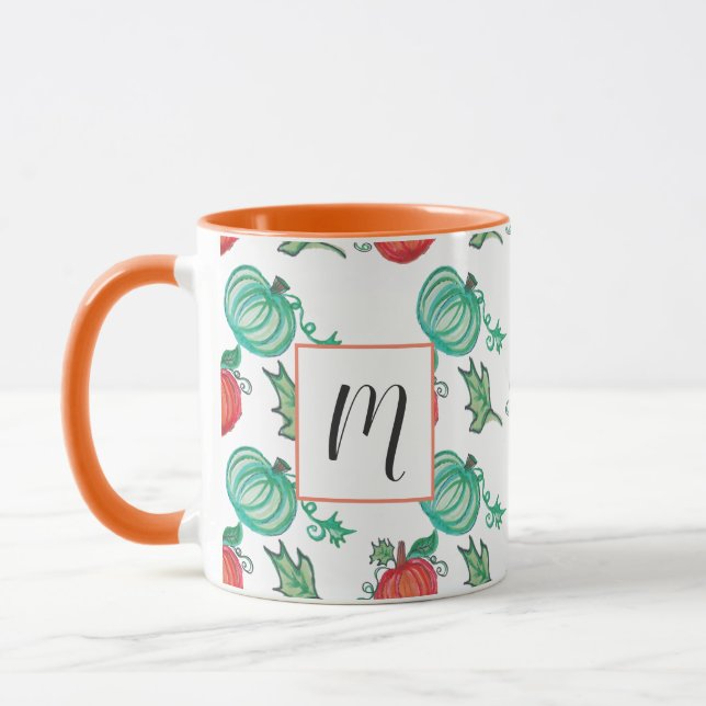 Watercolor Pumpkins Green Orange Greenery Pattern Mug (Left)