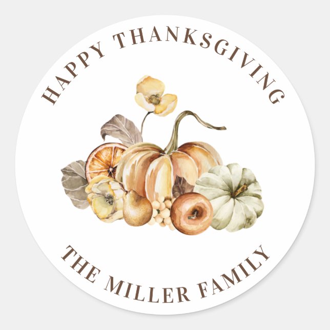 Watercolor Pumpkins Names Happy Thanksgiving Classic Round Sticker (Front)