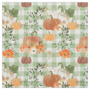 Watercolor Pumpkins on Green Gingham Fabric