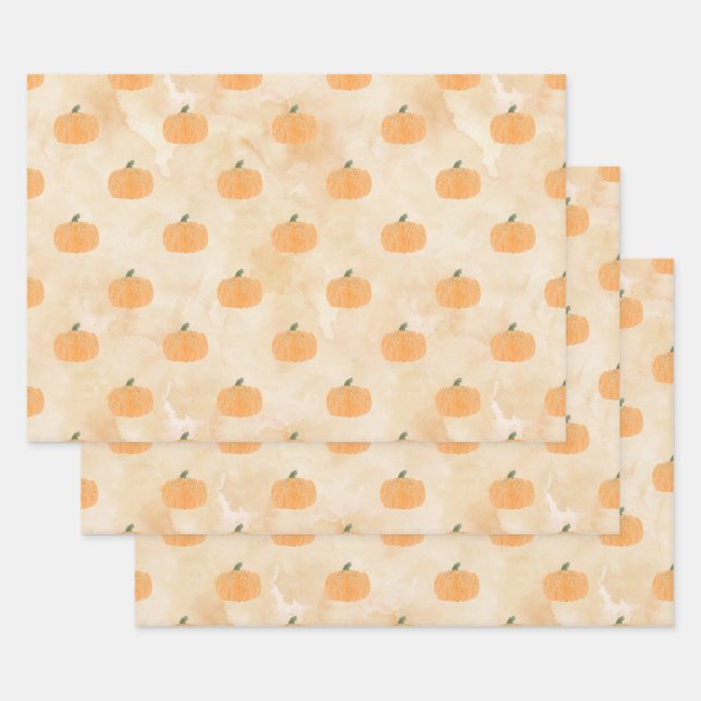 Watercolor Pumpkins on Orange Wrapping Paper Sheet (Set)