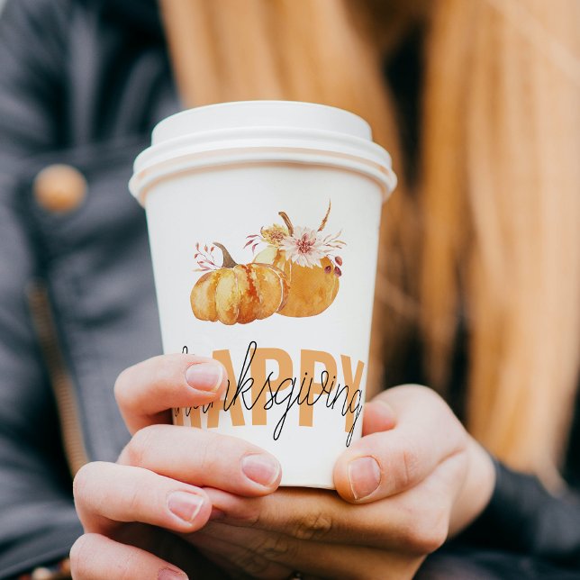 Watercolor Pumpkins & Orange Happy Thanksgiving Paper Cups (Creator Uploaded)