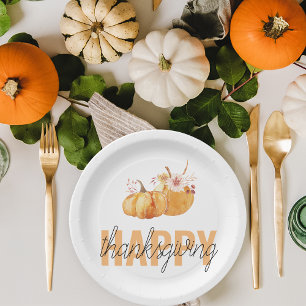 Watercolor Pumpkins & Orange Happy Thanksgiving  Paper Plate