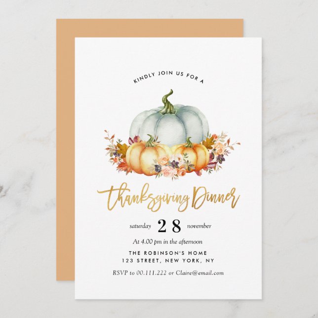 watercolor pumpkins thanksgiving dinner invitation (Front/Back)