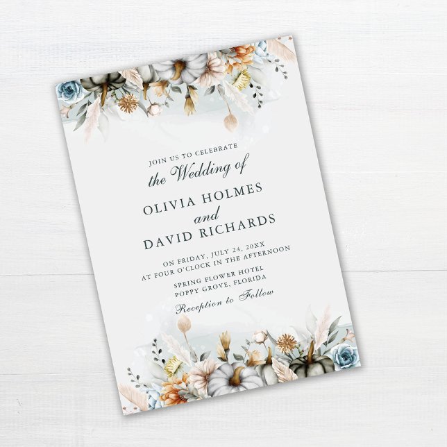 Watercolor Pumpkins with Wildflowers Wedding Invitation (Watercolor Pumpkins with Wildflowers Wedding Invitation on white wooden table.)