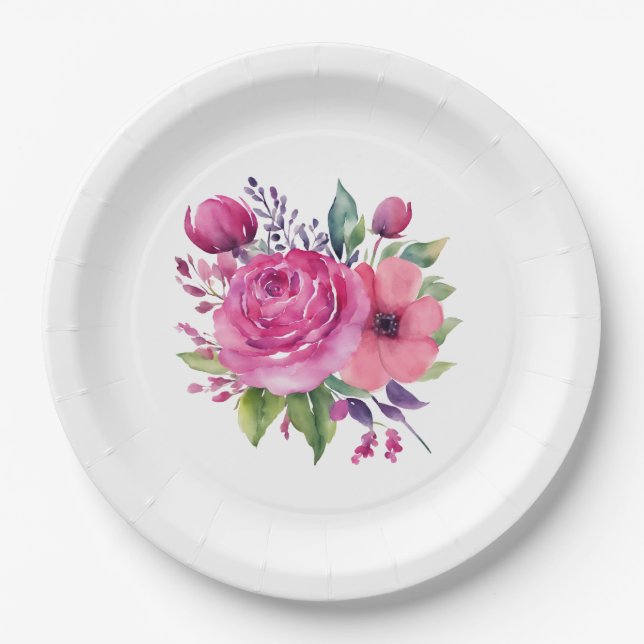 Watercolor Punk Flower Bouquet-Wedding Paper Plate (Front)
