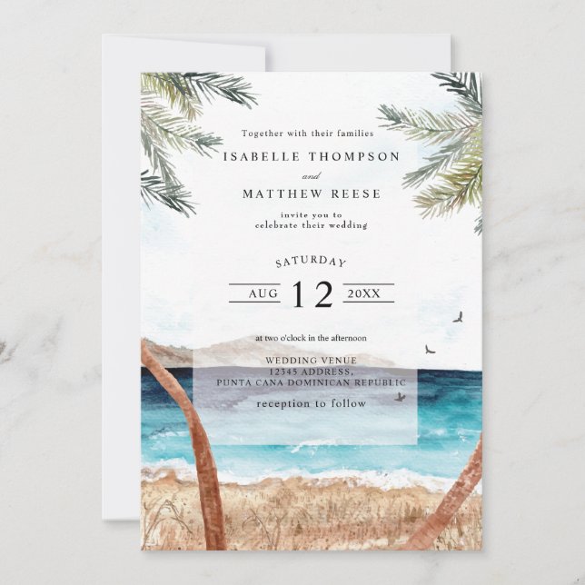 Watercolor Punta Cana Tropical Beach Wedding Invitation (Front)