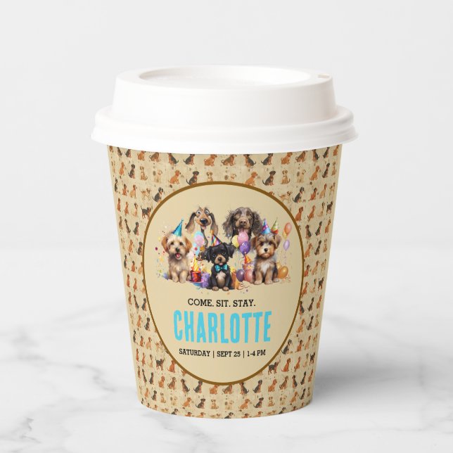 Watercolor Puppy Pawty Dog Birthday Paper Cups (Front)
