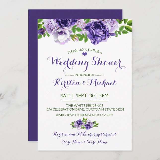 Watercolor Purp Floral | Wedding Shower Invitation (Front/Back)