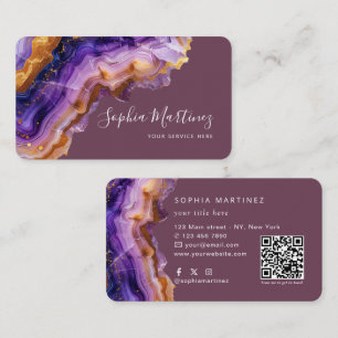 Watercolor Purple Agate gold glitter & QR Code Business Card