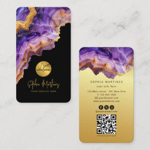 Watercolor Purple Agate gold glitter & QRCode Logo Business Card