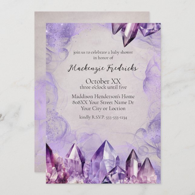 Watercolor Purple Amethyst Crystals Invitation (Front/Back)