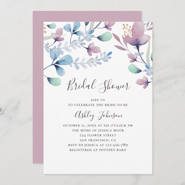 Watercolor purple and blue floral bridal shower invitation (Front/Back)