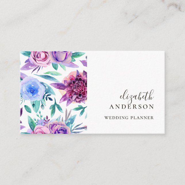 Watercolor purple and blue floral professional business card (Front)