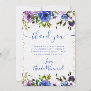 Watercolor Purple and Blue Flowers Birthday Thank You Card