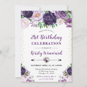 Watercolor Purple and Cream Flowers 21st Birthday Invitation